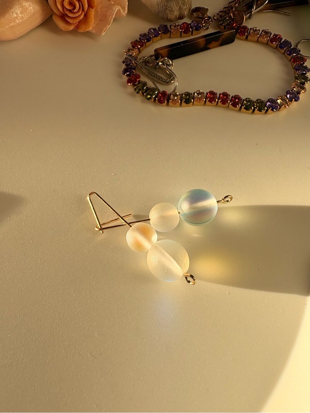 Gold Drop Earrings with Iridescent Frosted Beads